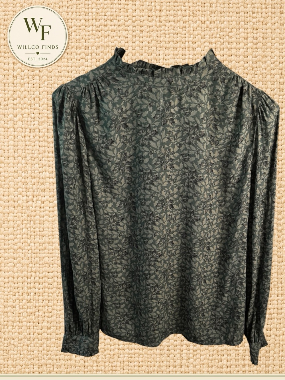 Treasure & Bond Dark Green Leaf-Print Long-Sleeve Blouse